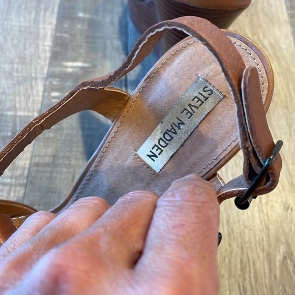 Steve Madden brown leather T strap open toe wood platform sandals size 10 - Picture 8 of 10